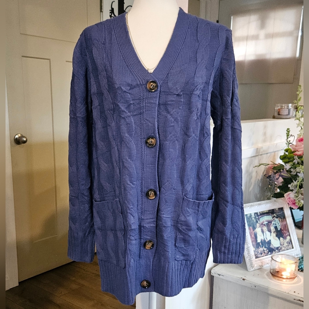 NWT'S - MEROKEETY - Blue Cable Knit Cardigan Sweater - Button Front, Size M